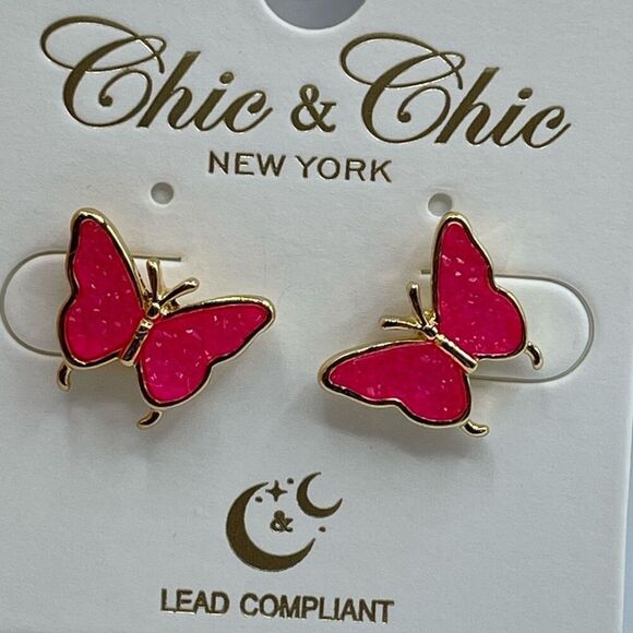 NWT Chic n Chic electric pink druzy butterfly post style earrings - Picture 1 of 4
